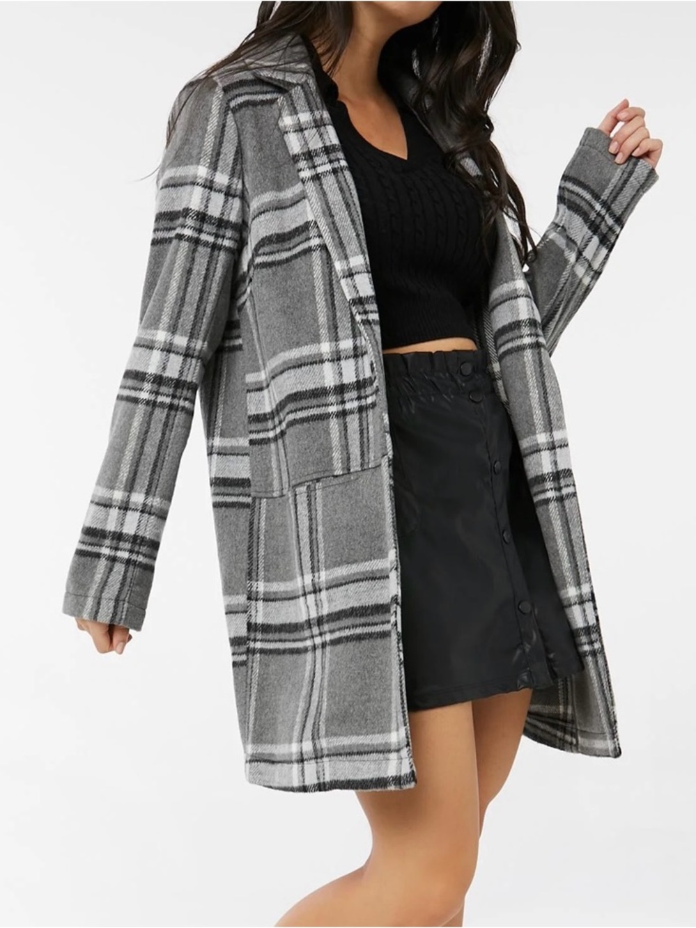Ardene Gray Plaid Long Blazer Jacket